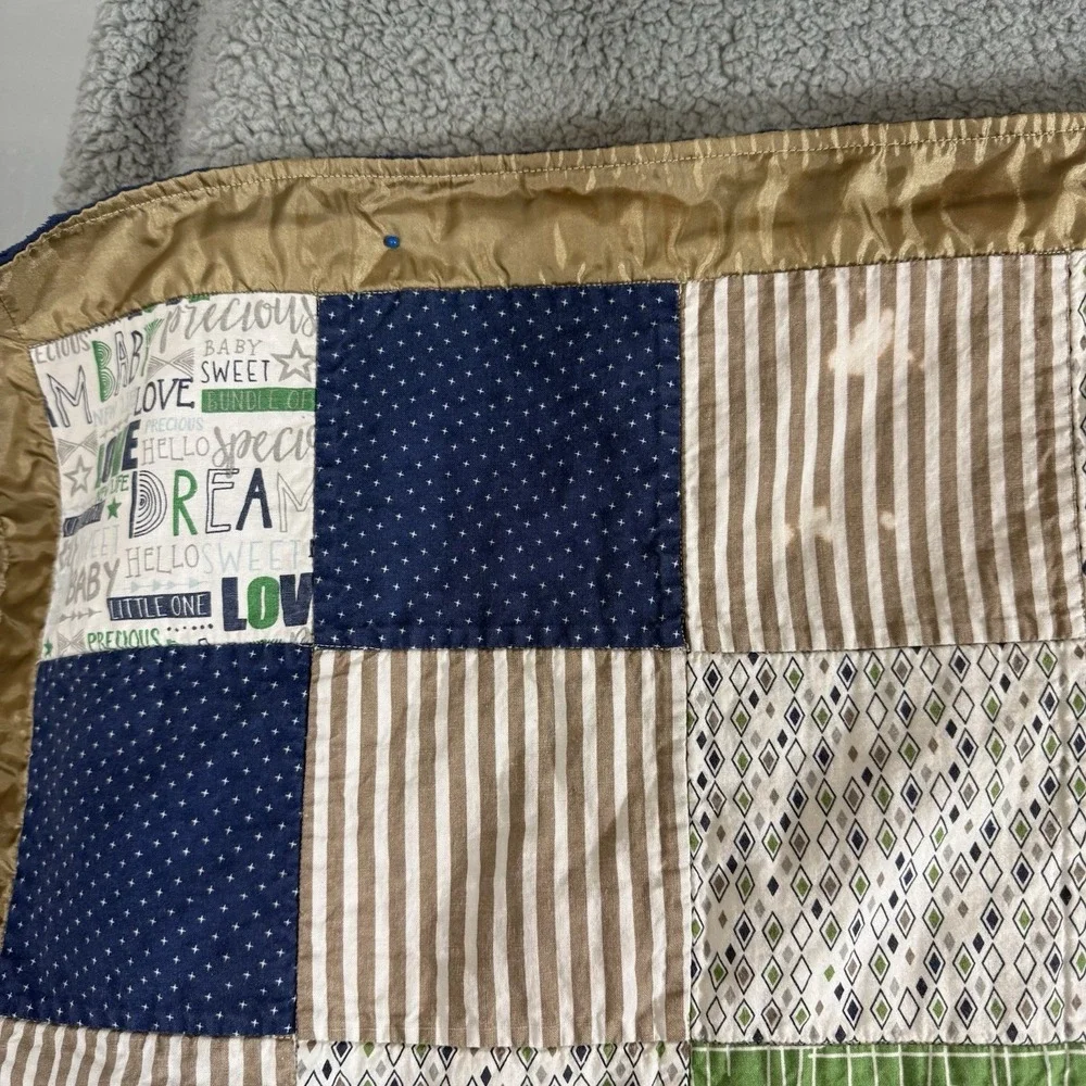 Handmade‎ Baby Boy Blanket Quilt 51 x 51 Khaki Satin Trim Navy Minky Dot Back